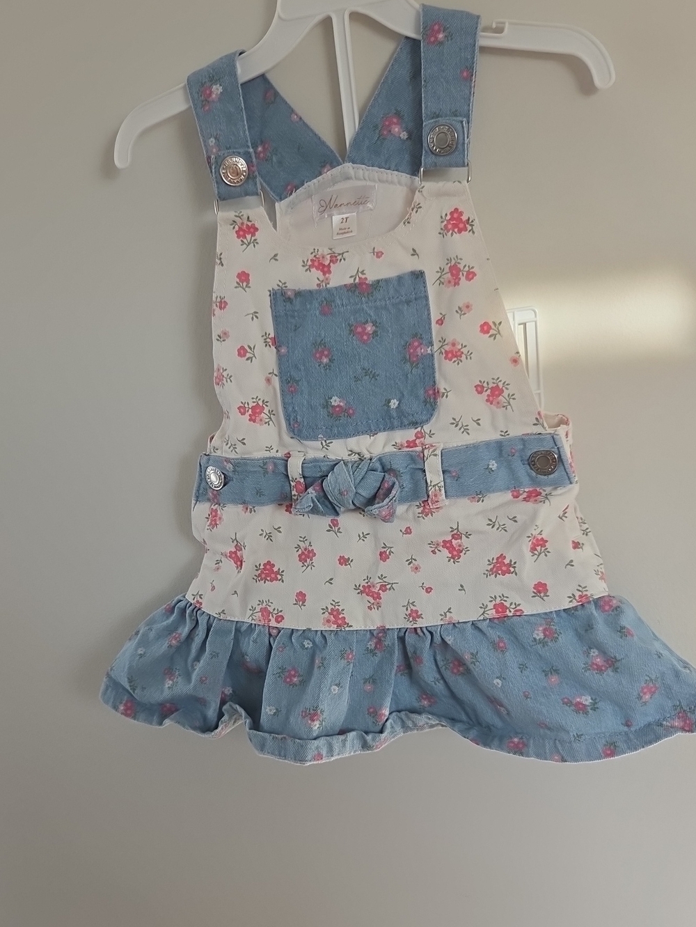 Floral Denim-Trim Girls' Overall Dress - Pink & Blue